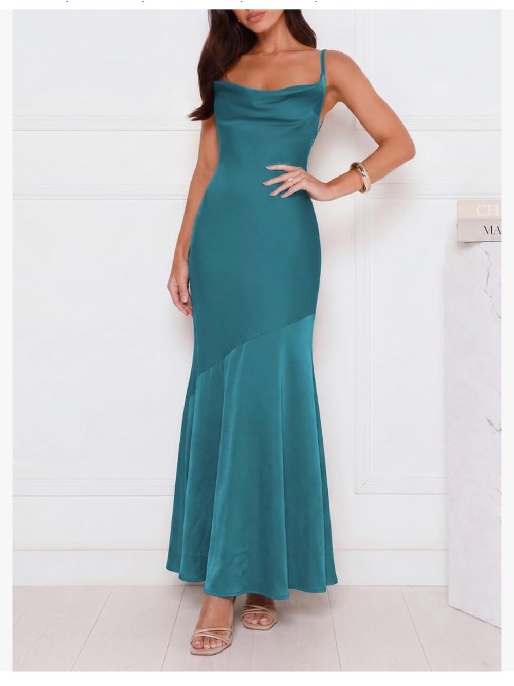 Teal Satin Cowl Neck Spaghetti Strap Evening Maxi Dress